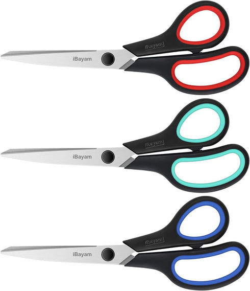 Scissors, iBayam 8" Multipurpose Scissors Bulk 3-Pack, Ultra Sharp Blade Shears, Comfort-Grip Handles, Sturdy Sharp Scissors for Office Home Schoo...