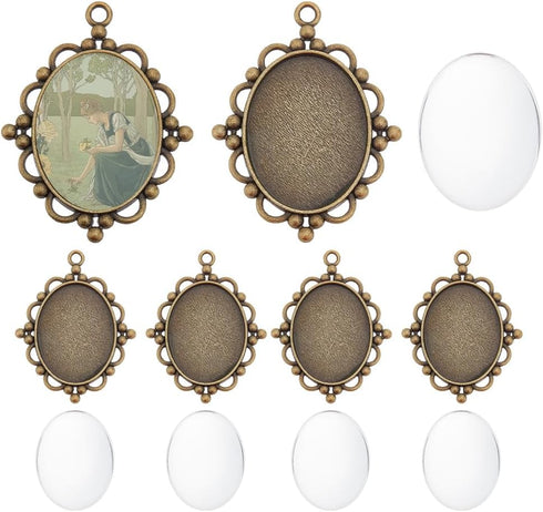PH PandaHall 5pcs Pendant Tray Oval Charms Cabochon Bezel and 5pcs 40x30mm Glass Cabochon Dome Tiles Clear Cameo Memorial Photo Pendant for Bouque...