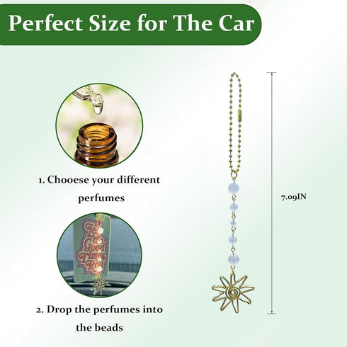 Sun Hanging Car Charm,Green and Gold Rear View Mirror Accessories Cute Boho Dangling Sun Car Decor Handmade Healing Crystals Stones Ornament Gifts...