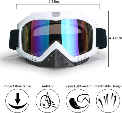 Motocross Goggles - Anti UV, Windproof, Dustproof, Anti Fog, Anti-Scratch Glasses for ATV, Off Road, MX, Ski - White Frame + Color Lens...