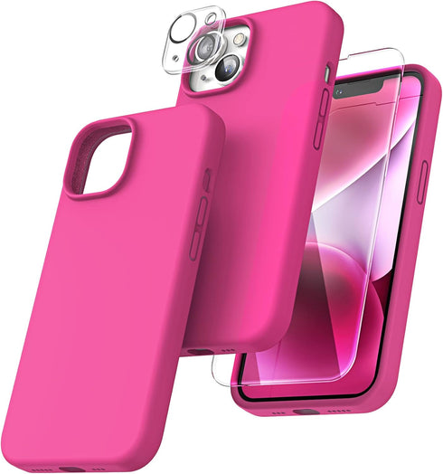 TOCOL 5 in 1 for iPhone 14 Case, with 2 Pack Screen Protector + 2 Pack Camera Lens Protector, Liquid Silicone Phone Case for iPhone 14, Hot Pink.....