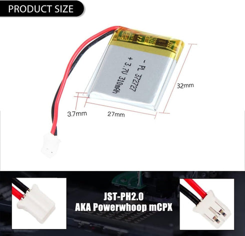 3.7V 310mAh 372727 Lipo Battery Rechargeable Lithium Polymer ion Battery Pack PH2.0mm with JST Connector...