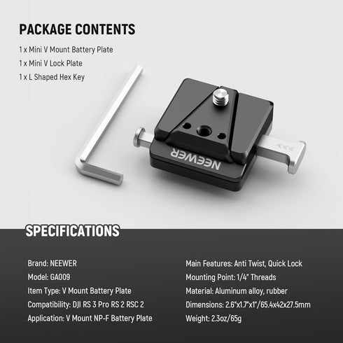 NEEWER Mini V Mount Battery Plate Compatible with DJI RS4 Pro RS3 Pro RS2 RSC2 Gimbal, Quick Release Anti Drop for V Lock & NP-F Battery Compatibl...