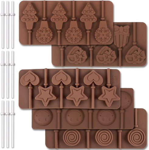 6 Cavity Silicone Lollipop Mold, Candy Mold, Christmas Candy mold, Typical Round, Stars & Hearts, Bowknots, Christmas, Smile Faces Shape, 5 PCS, a...