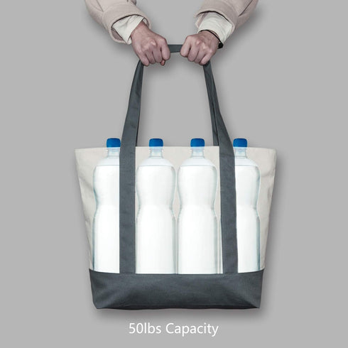 TOPDesign 1-Pack Canvas Tote Bag with an External Pocket, Reusable Grocery Shopping Bag, Top Zipper Closure, Daily Essentials (Grey/Natural)...