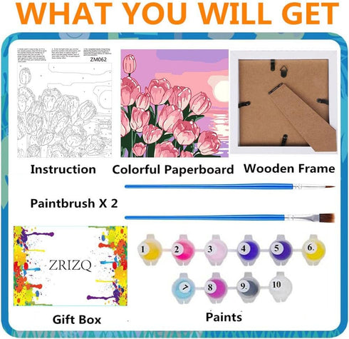 ZRIZQ Paint by Numbers for Adults Beginner Kids Ages 6-8-12 with Wooden Frame,Easy Paint by Numbers for Gift Home Decoration 8x8 Inch(Flowers 8)...