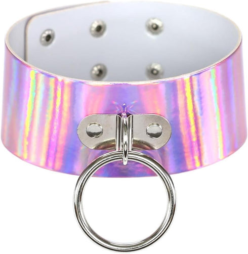 Multicolor Holographic Hologram PU Large O Shape Ring Neckband Choker Necklace Set, 4PCs PN1560...