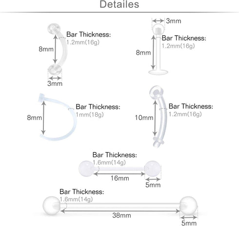 MODRSA Mix Set Clear Piercing Retainers Septum Retainer Nose Studs Flexible Lip Ear Nose Tongue Rings Nipplering Cartilage Rook Daith Earrings Hor...