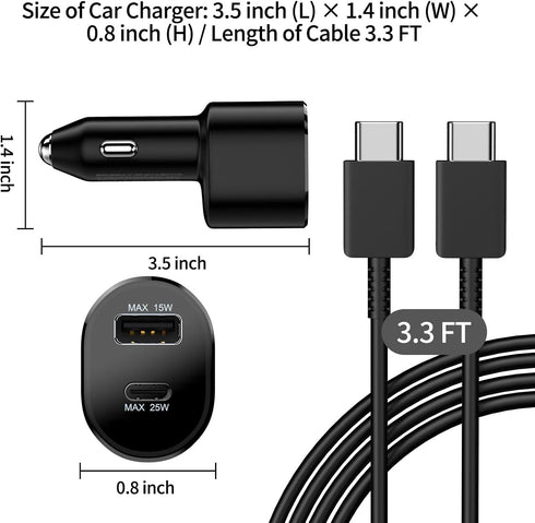 USB C Car Charger for iPhone 15 Pro Max 14 13 Samsung S24 Ultra S23 FE A53 A54 Fast Charging Type C Cable 3ft PD 25W QC 15W USB C to USB C Cable C...