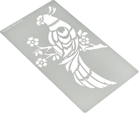 Aleks Melnyk No.471 Metal Stencil, Bird on Tree Branch, Parrot, Branches with flowers, Wild Animal, Small Stencil, 1 PC, Template for Wood Burning...