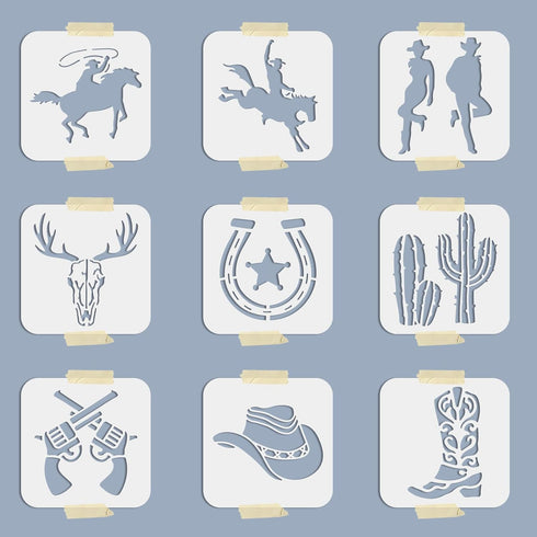 9PCS Cowboy Stencil 6×6inch Cowboy Boots and Hat Cactus Western Cowboy Cowgirl Stencil Reusable Hollow Out Drawing Template for DIY Projects, Pain...
