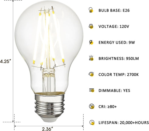 Emliviar Dimmable LED Bulbs 9W Pack of 4, A19 Vintage LED Light Bulbs Equivalent 100W, E26 Standard Base, 950LM High Brightness, 2700K Warm White,...