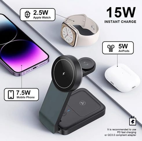 3 in 1 Magnetic Wireless Travel Foldable Charging Station?Mag-Safe Charger Portable Stand, Compatible with 15/14/13/12 Series | Apple Watch | Airp...