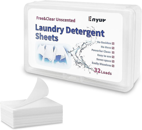 Laundry Detergent Sheets by Enyur, Laundry Sheets for Traveling, No Scent, Free and Clear For Borh Travel and Home Use - 1 Pack / 32 Loads...