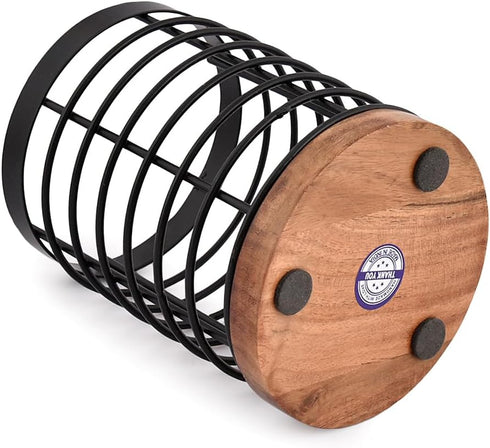 Black Iron Kitchen Utensil Holder with Acacia Wooden Base Round Flatware Storage for Countertop (4.5" x 4.5" x 6")...