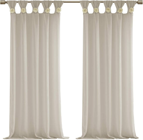 Madison Park Rosette Floral Embellished Cuff Tab Top Solid Single Window Treatments Sheer Curtain Panel Drape for Bedroom Living Room and Dorm, 50...