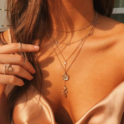 fxmimior 4 Tier Bohemia Flower Y Coin Layered Necklace Bar Charm Pendant Neckalce Delicate Station Chain Multilayer Dics Bar Choker Necklaces for ...