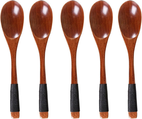 Wooden Spoons, 5 Pieces 9.25in Japanese Style Kitchen Utensil Oval Scoop for Eating Mixing Stirring Cooking Coffee Table Bowl Nonstick Pots Kitche...