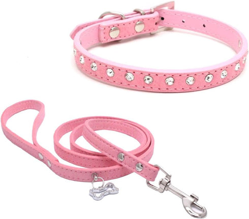 Dogs Kingdom 10 "-16.5" Total Length Suede Skin Jeweled Rhinestones Pet Dog Collar Leash Set Sparkly Crystal Diamonds Studded Leather Puppy Dog Ca...