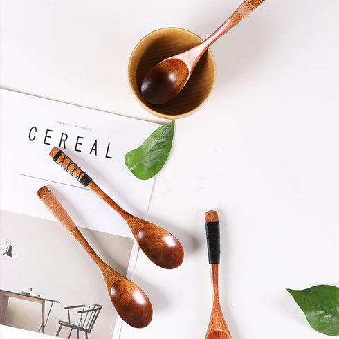 Wooden Spoons, 5 Pieces 9.25in Japanese Style Kitchen Utensil Oval Scoop for Eating Mixing Stirring Cooking Coffee Table Bowl Nonstick Pots Kitche...