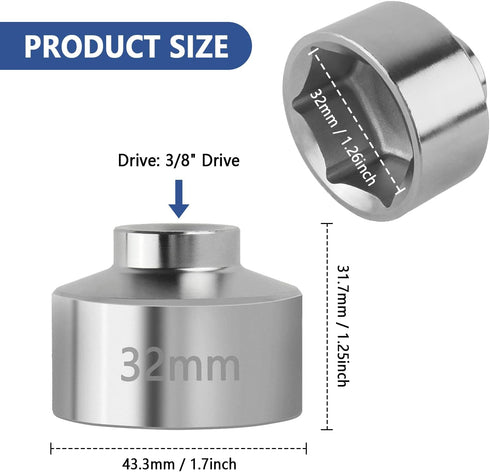 32mm Socket-Oil Filter Wrench Tool,6-Point Steel Quickly Oil Filter Removal Tool,3/8" Drive Oil Filter Socket Tool Compatible with Audi,Ford,Chevr...