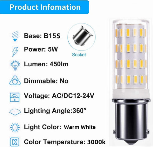 Ba15s 1156 1141 S8 12V-24V Led Bulbs, 5Watt Low Voltage Bayonet Single Contact, 500Lm Warm White 3000K, for RV, Outdoor Landscape Lighting and Cam...