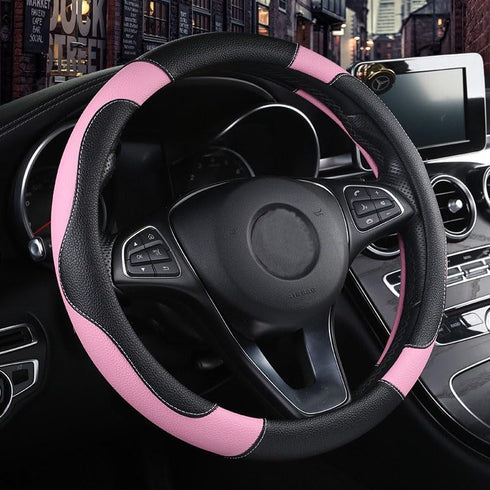 Istn Men's Sport Style Contrast Color Non-Slip Sweat Good Breathable PU Leatherette 15 inch Car Steering Wheel Cover Pink...