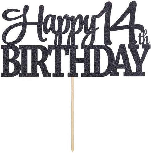 PALASASA Black Glitter Happy 14th Birthday cake topper - 14 Anniversary Party Decoration (14th)...