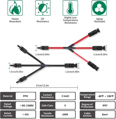 3 to 1 Solar Connectors Y Branch Parallel Adapter 10AWG Cable for Solar Panel (Red & Black)...