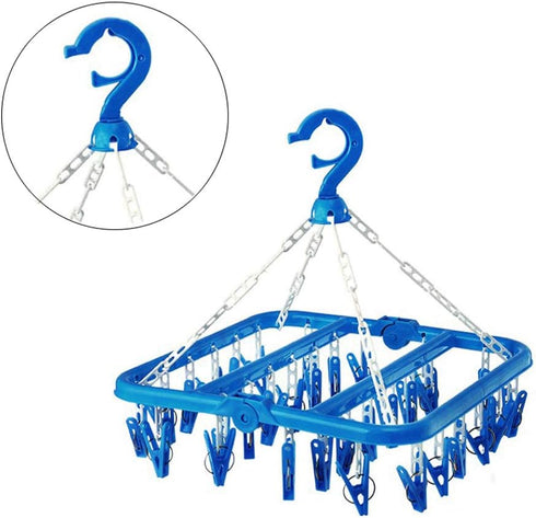 SteelFever Clothes Drying Hanger with 32 Clips, Foldable Hanging Drying Rack for Clothes Underwear Socks (Blue)...