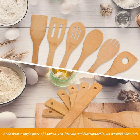 Bamboo Kitchen Utensils, 6 pcs Nonstick Spatula Tools with Handles, Heat Resistant Spatula Set, Non-stick Cooking Utensil, Premium Wooden Spoon Se...