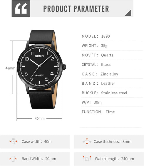 Mens Simple Leather Watch 40mm Dial Casual Business Watch Analog Reloj de Hombre...