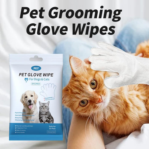 Pet Grooming Wipes and Gloves Set, 6 Count, for Fur, Face, Ears and Paws, No Rinse Cleaning...