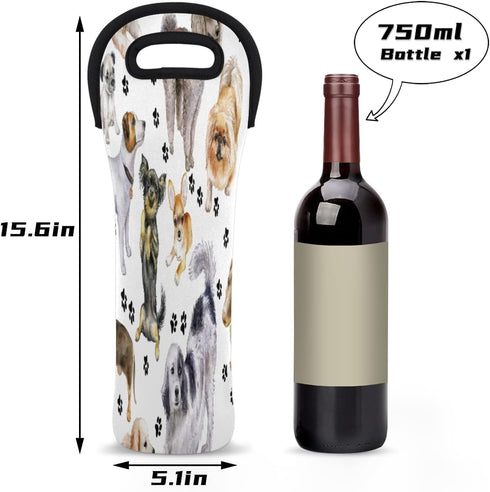 Pattern Animal Dog Wine Bag Neoprene Wine Tote Bags Leakproof Travel Wine Tote with Handle Reusable Cooler Bag for Camping Picnic Travel Wine Love...