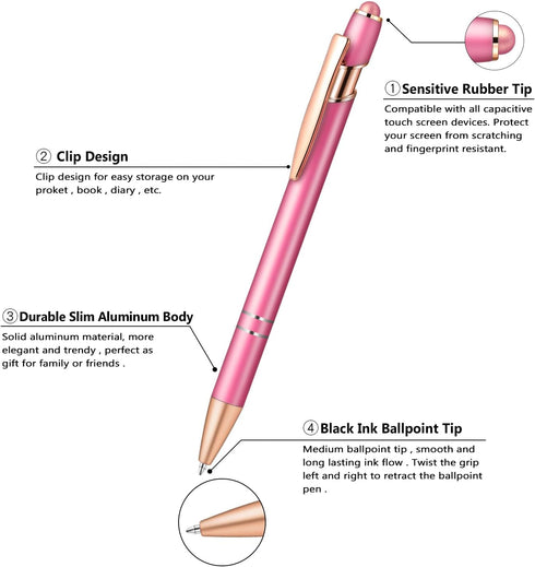 Aozora 15 Pieces Retractable Ballpoint Pens Black Ink 1.0 mm with Stylus Tip Touch School Office Decor Supplies Pretty Aesthetic Pens (Pink&Gold)...