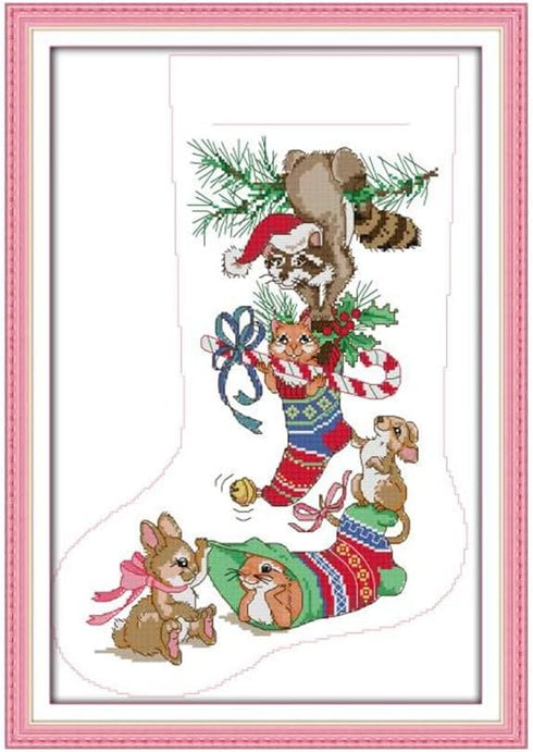 CaptainCrafts Cross Stitch Kits, Stamped Cross Stitch Prepainted Fabrics DIY Needlework Embroidery Kit Home Decor Christmas Stockings (Preprint St...