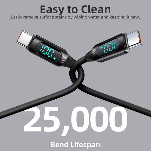 100W USB C Cable 2 Pack 6.6FT USB C to USB C Cable Silicone Fast Charging USB C to USB C Cable with LED Display for HTC U23 U23 Pro Desire 22 22 P...