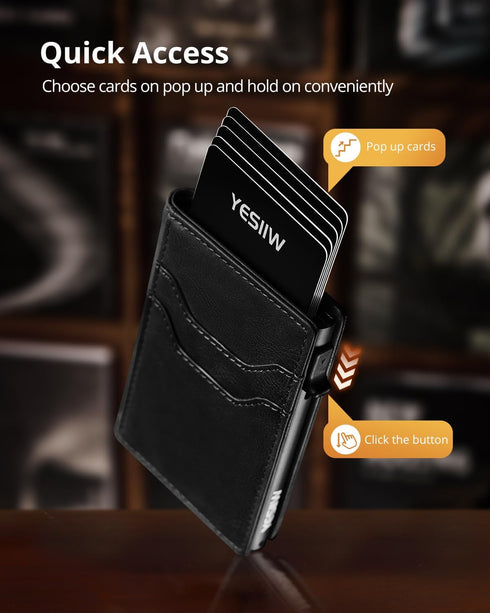 YESIIW Slim Wallet for Men - Pop up Card Holder Mens Wallet with RFID Protection Leather Wallets with ID Window and Metal Case Black...