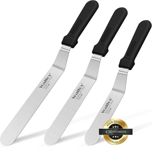 Walfos Icing Spatulas, Stainless Steel Cake Spatula with Sturdy and Durable Handle Cake Decorating Spatula Set of 3 - Multi purpose Use for Home, ...
