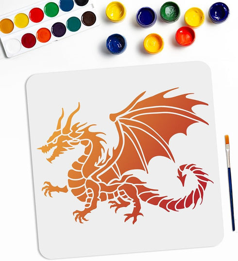 Medieval Dragon Stencil Flying Dragon Stencil 11.8×11.8inch with Paint Brush Ancient Dragon Template Reusable DIY Dragon Crafts and Decor on Wood ...