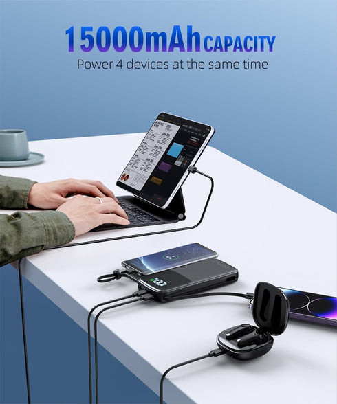 UYAYOHU Portable Charger, Power Bank, 15000mAh Battery Pack Fast Charging Lightweight, Built-in AC Wall Plug and 2 Output Cables with LED Display ...