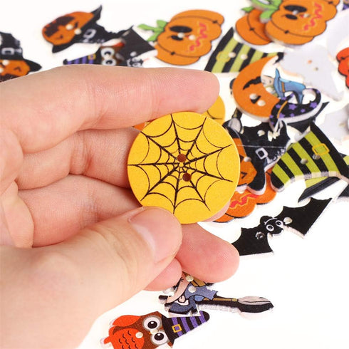 100 Pieces Halloween Wood Buttons Pumpkin Witch Spider Bat Owl Shaped Wooden Buttons 2 Holes Buttons for Sewing Knitting Scrapbooking DIY Hallowee...