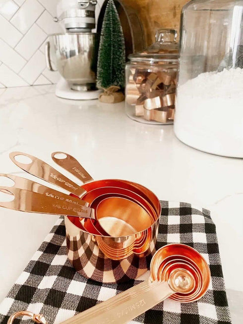Copper Measuring Cups and Spoons Stainless Steel 9 pieces with 2 Rings...