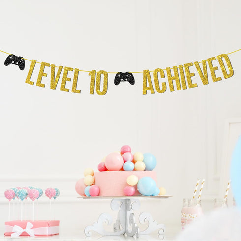 Level 10 Achieved Banner, Double Digits, Game on Level 10 Hanging Sign, Glittery Video Gamer Happy 10th Birthday Party Decorations...
