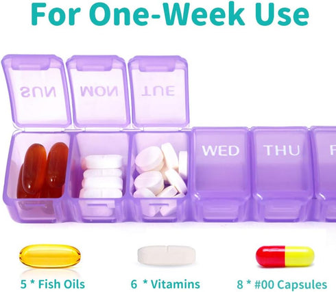 2 Packs Small Weekly Pill Organizer,Pocket Daily Pill Case Pill Box for Pills/Vitamin/Fish Oil/Supplements (Purple)...