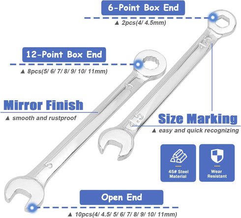 Mesee 10 Pieces Mini Combination Wrench Set Metric Small Ignition Wrenches 4-11mm Open and Box End Wrench Set Dual-Use Spanner Hand Repair Tool fo...