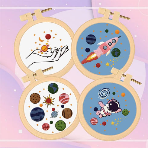 BEUNITONE 4PCS Universe Embroidery Kit Rocket Stamped Cross Stitch Kit Planet Astronauts Needlepoint Kit DIY Adult Beginner Stamped Cross Stitch K...