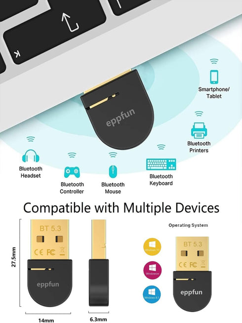 eppfun USB Bluetooth Adapter for PC Laptop Desktop, Bluetooth 5.3 Dongle Receiver, Wireless Audio Adapter, Support Windows 11/10/8.1, Compatible w...