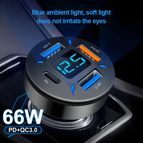 4 Ports USB Car Charger Adapter, Auto Portable PD 3.1/QC 3.0 Fast Charge Cigarette Lighter with Flush Fit Charging Plug, Compatible with iPhone 14...