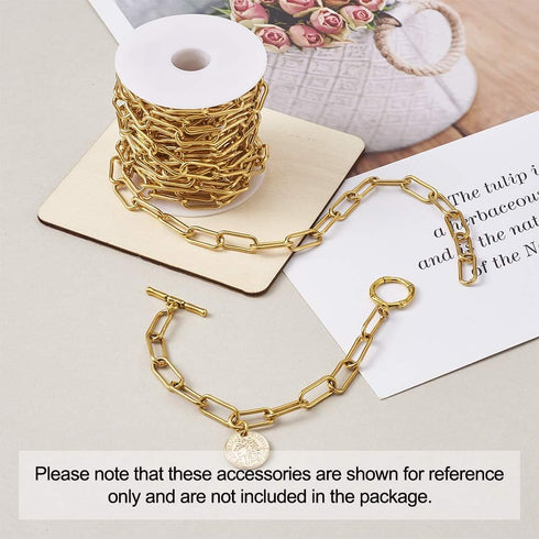 Pandahall 16.4 Feet 304 Stainless Steel Paperclip Chains Necklace Golden Plated 17x7x1.6mm Unwelded Strong Oval Cable Chains Links with Spool for ...